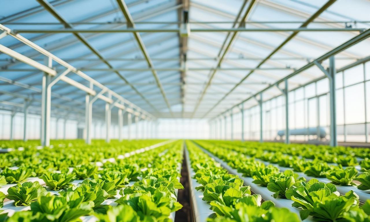 Invernadero hidropónico Sayab con hileras de lechuga en sistema NGS